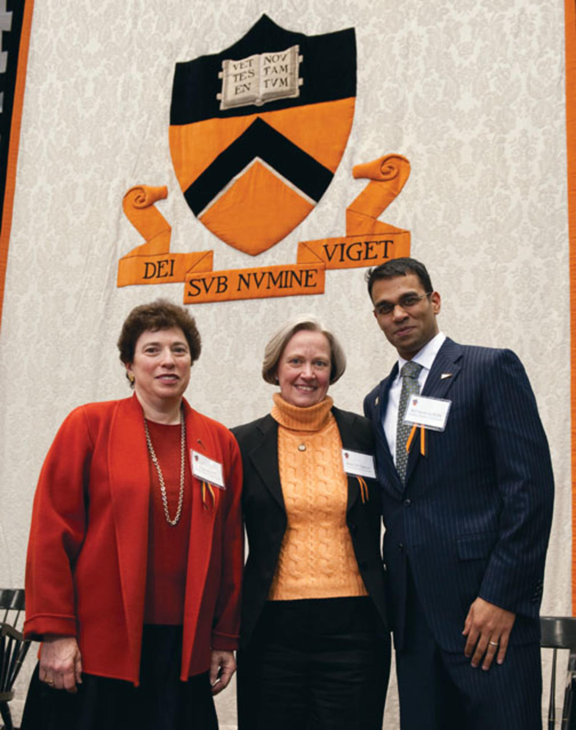 President Tilghman with Claire Max *72, left, winner of the James Madison Medal, and Rajiv Vinnakota ’93, recipient of the Woodrow Wilson Award.