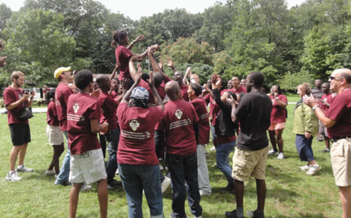 A team-building exercise for African Leadership Academy graduates at the Princeton-Blairstown Center.