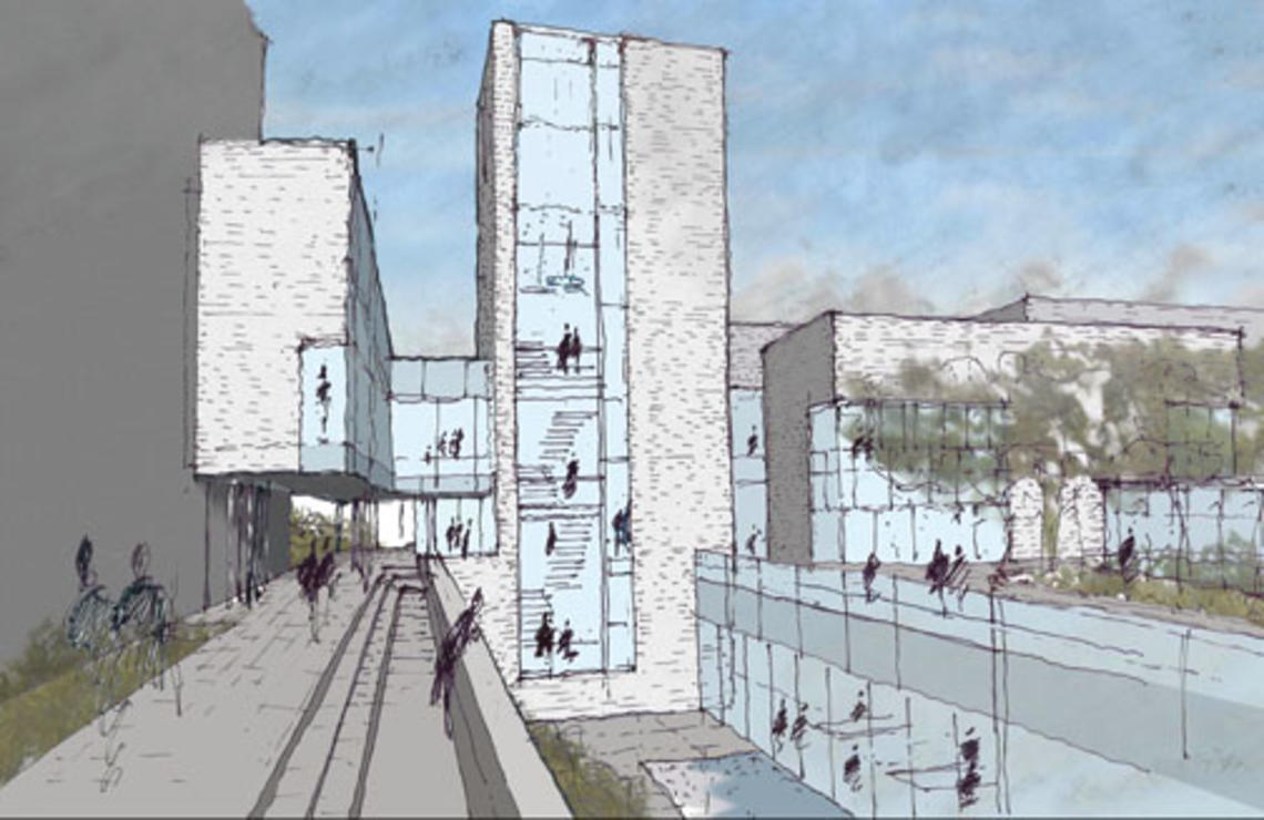 An architect’s sketch of an Andlinger Center building that will house office and research space. It will connect to the ­ E-Quad’s E Wing at left.   