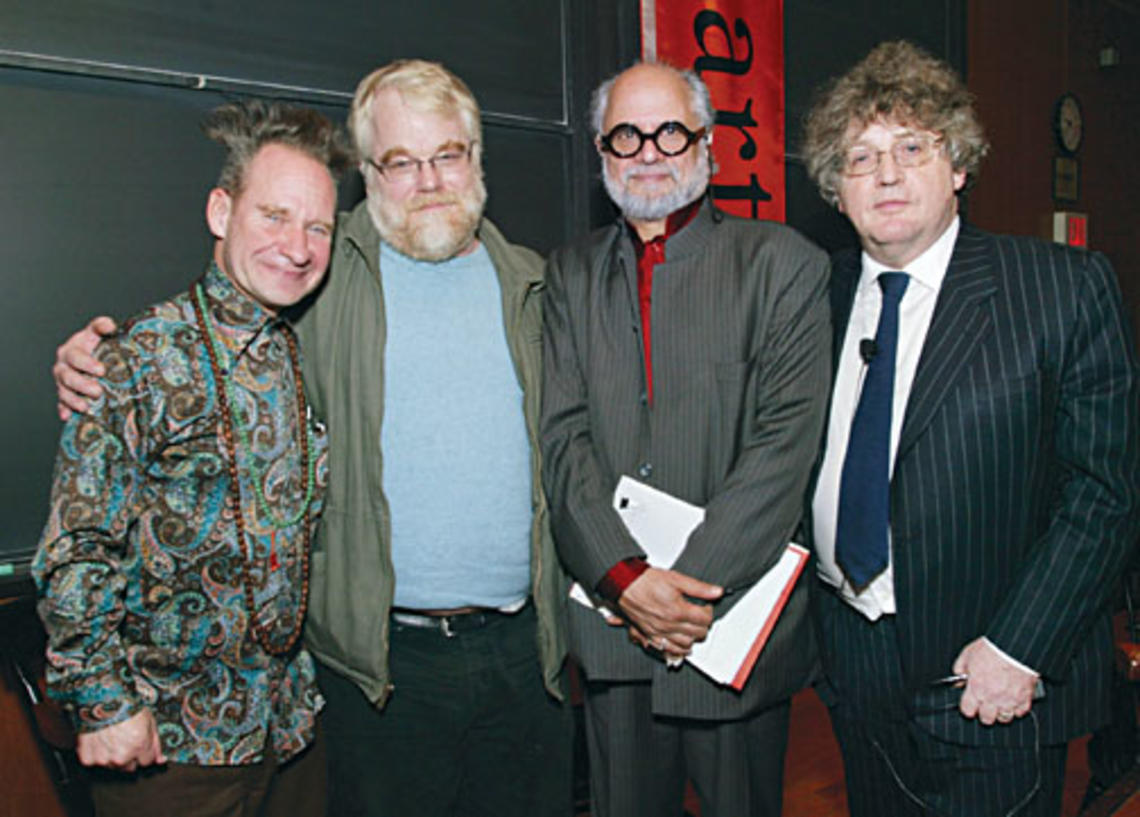 From left, opera and theater director Peter Sellars; actor Philip Seymour Hoffman; Homi K. Bhabha, director of the Humanities ­Center at Harvard University; and Professor Paul Muldoon took part in a Lewis Center symposium on “The Arts and the Economic 