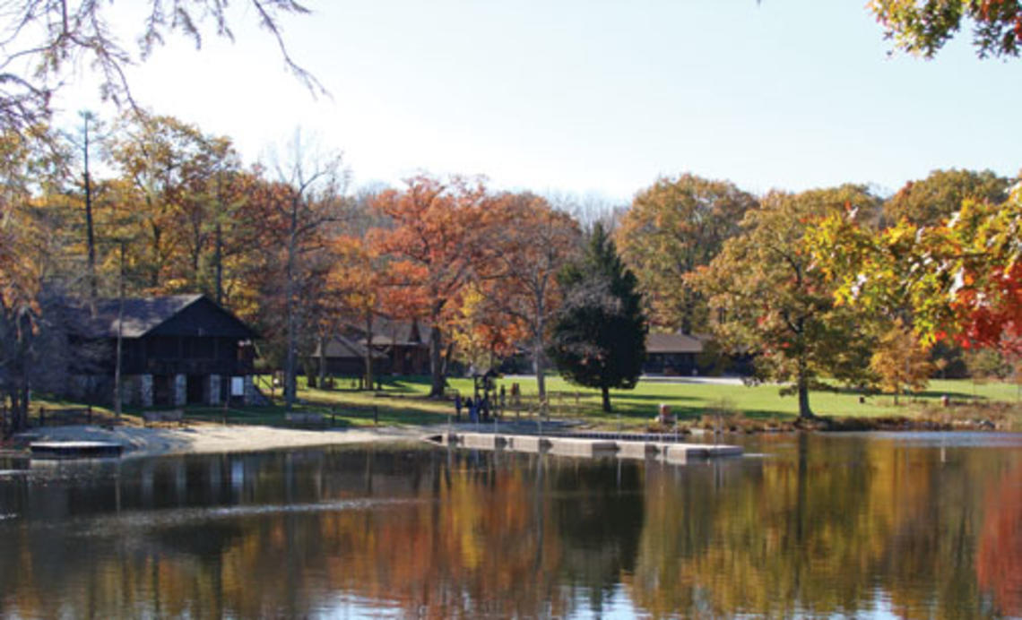 A view of Danielson Lodge from Bass Lake at the Princeton-Blairstown Center.