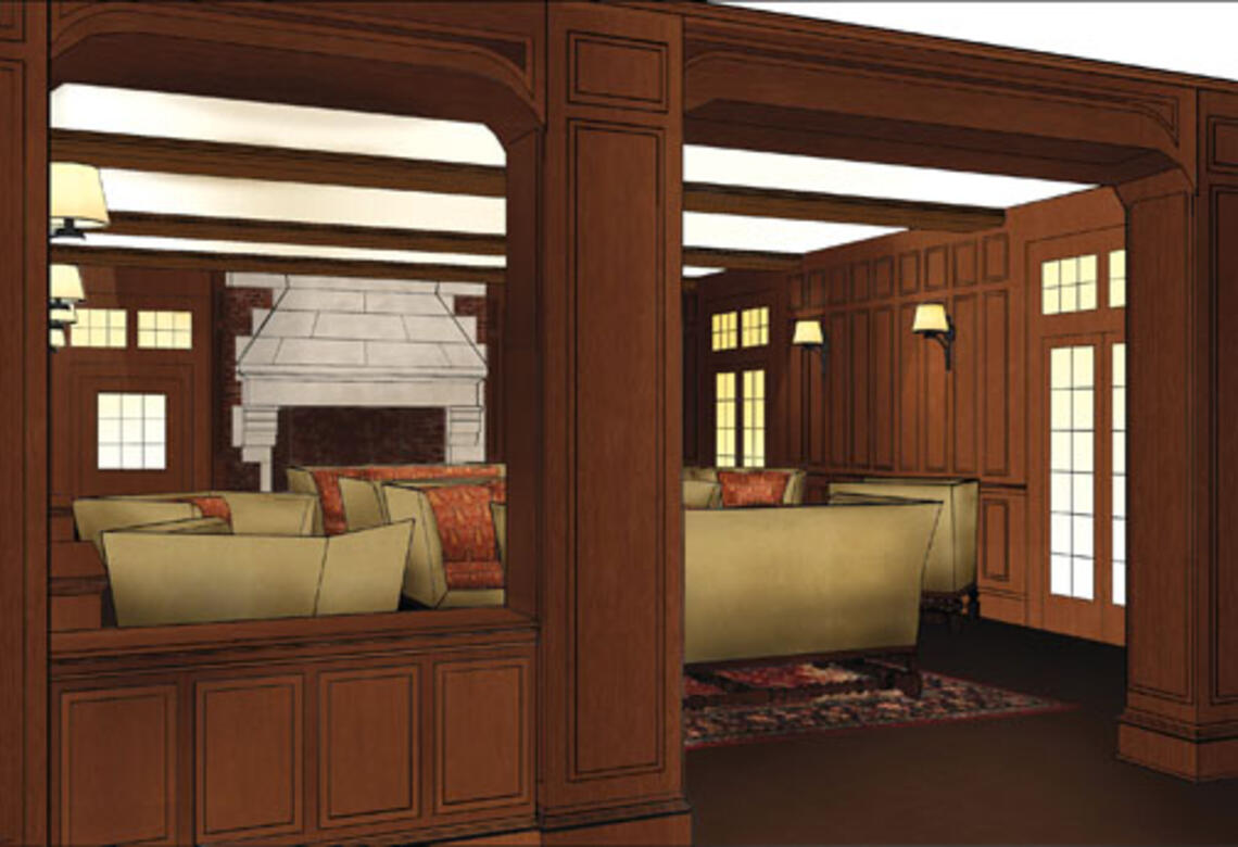 Architect’s rendering of the refurbished living room of Campus Club, which is being renovated to become a community space for students. The University acquired the club in 2006.