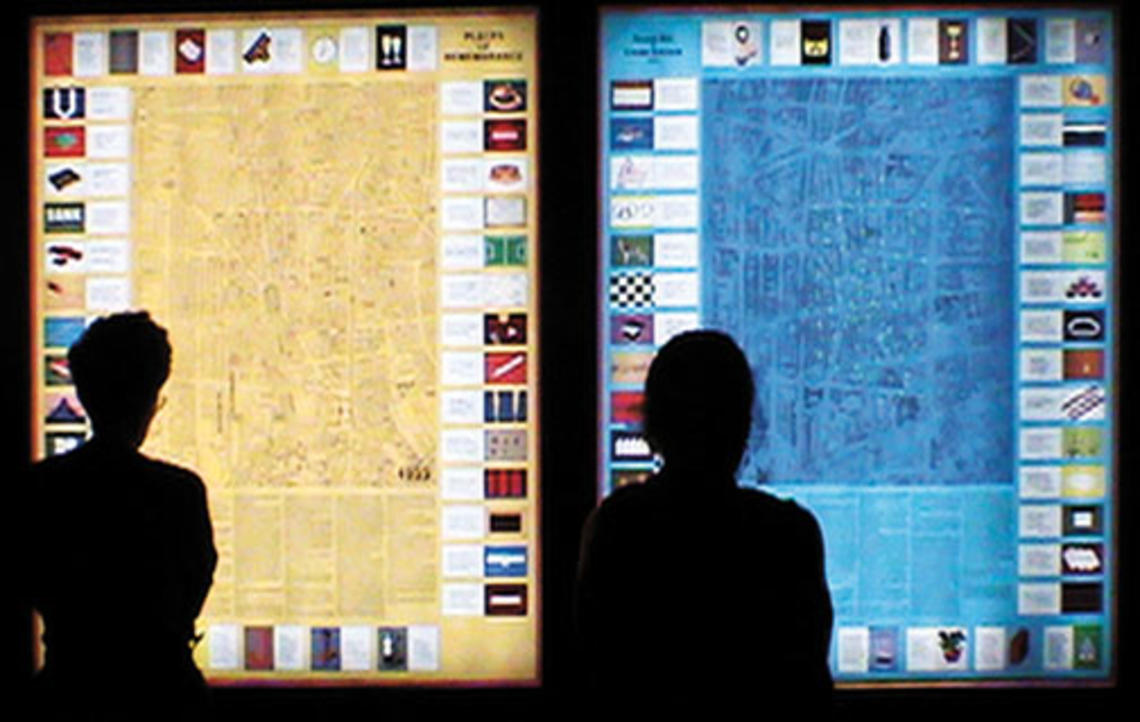 Large maps of a once-thriving Jewish neighborhood of Berlin in 1933 and in 1993 are the focus of a pair of lightboxes created by Berlin-based conceptual artists and now installed in East Pyne. A lightbox detail is shown in the images at top, which depict 