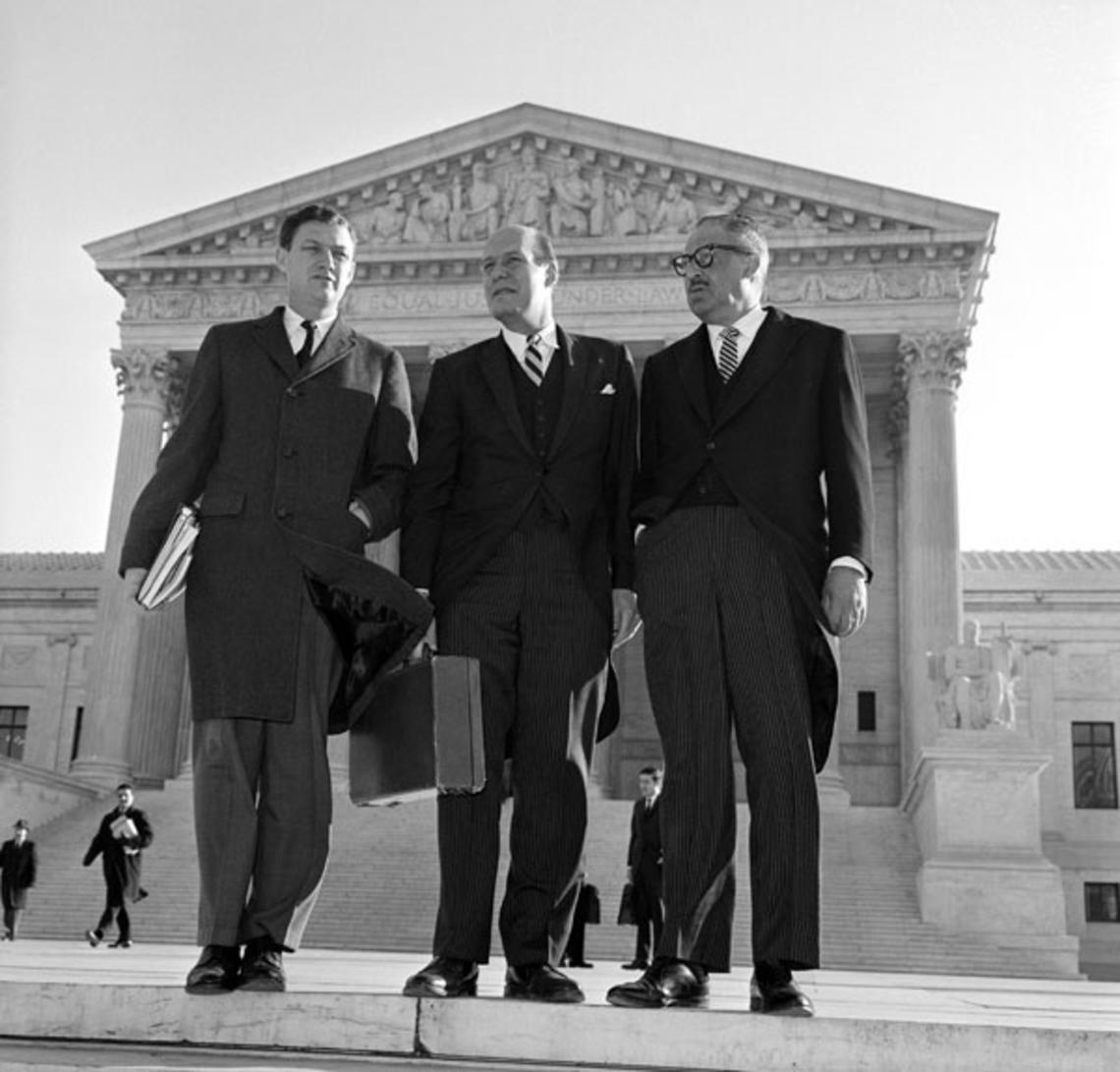 From left, John Doar '44, Nicolas Katzenbach '43, and Thurgood Marshall in 1966 outside the Supreme Court.