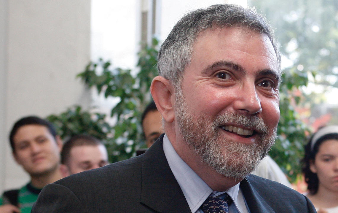 Professor Paul Krugman beams during a Woodrow Wilson School reception celebrating his Nobel Prize.