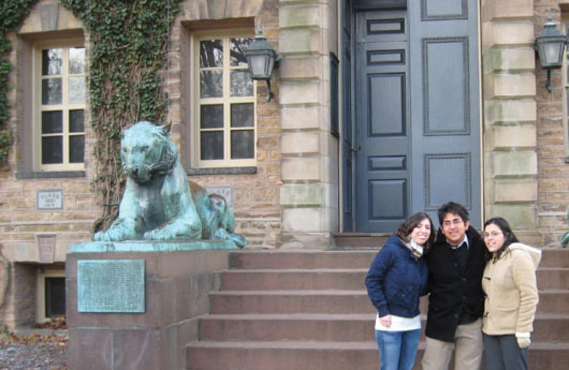 Victoria Laws ’08, left, chairwoman of the Latino Coalition, and Chicano Caucus officers Oscar Castro ’09 and Jessica Gamboa ’10 met at Nassau Hall to discuss Latino issues with President Tighlman.