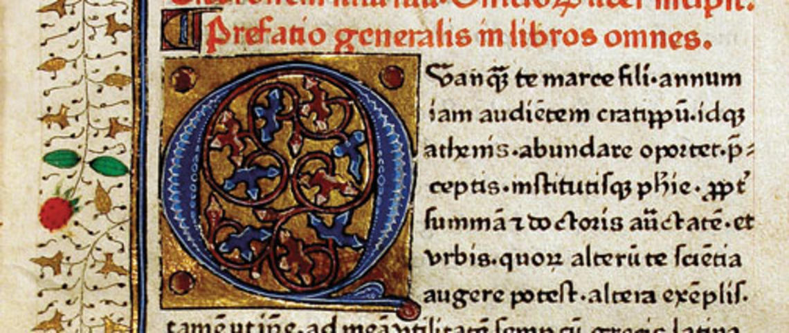 From “Biblio,” a detail of a 1466 illuminated copy of Cicero’s “De Officiis” (“On Duties” or “On Obligations”). 