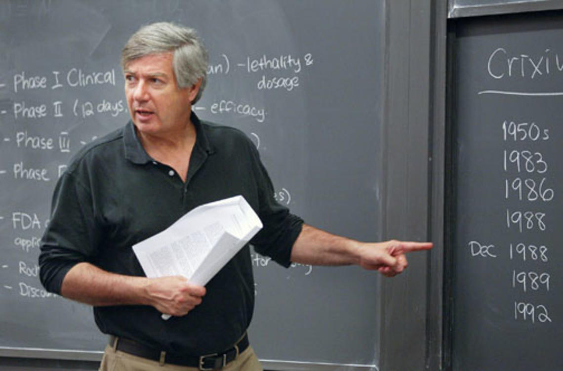 Visiting lecturer James Shinn ’73 *01 says his course is designed to offer “a reality of decision-making.”