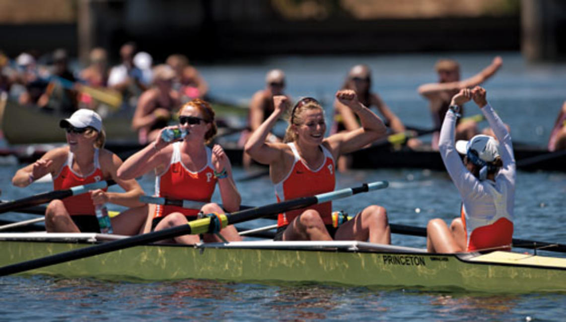 From left, Emily Reynolds '11, Kelsey Reelick '14, Lauren Wilkinson '11, and coxswain Lila Flavin'12 celebrate Princeton's win in the varsity eight.