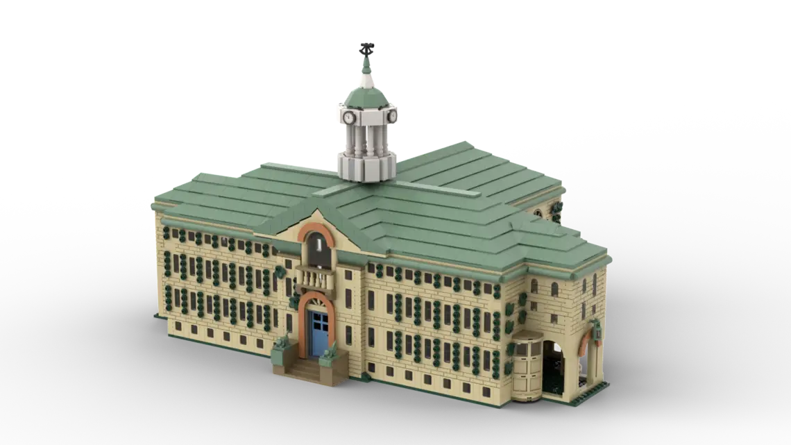 A rendering of the front of Nassau Hall in Legos.