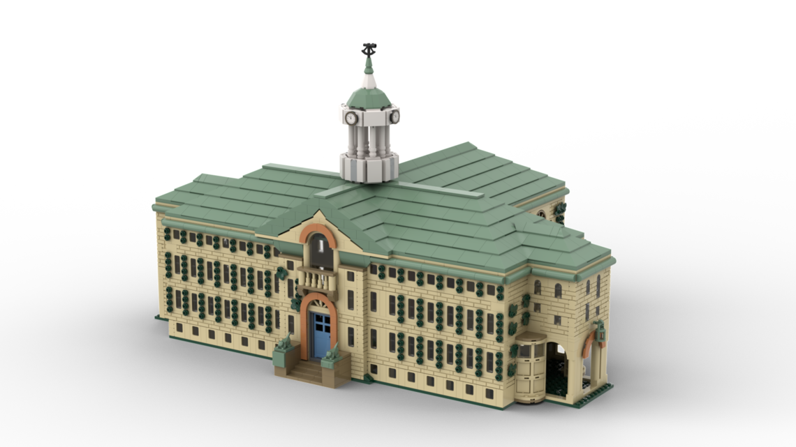 A rendering of the front of Nassau Hall in Legos.
