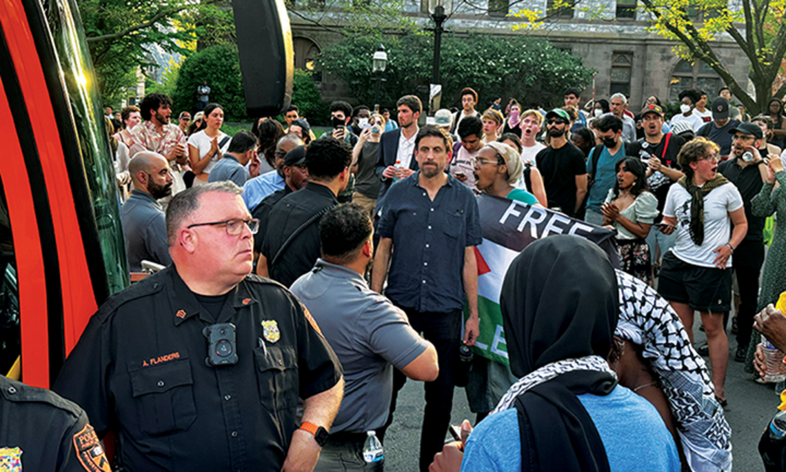 MaxWeiss.png Max Weiss, a professor of history, stands at the April 29 Clio Hall occupation between protesters and Public Safety officers, who detained a student and a postdoc in a University bus.