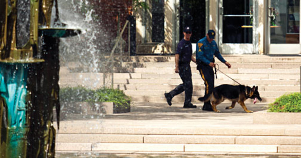 ﻿A search team outside Corwin Hall.