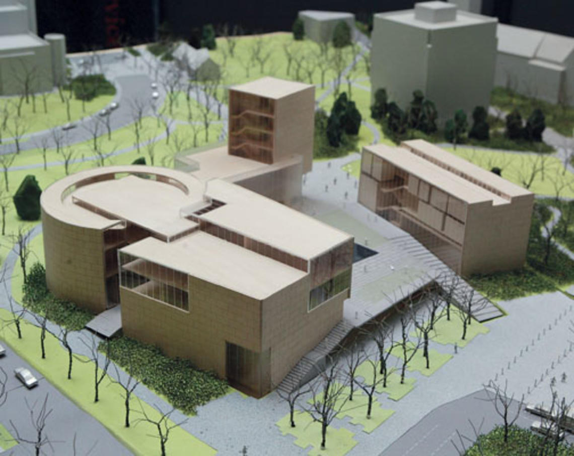 An architect’s model of the cluster of buildings that will house the Lewis Center for the Arts, including teaching, rehearsal, performance, and administrative spaces. McCarter Theatre is at upper left, and New South at top right. 