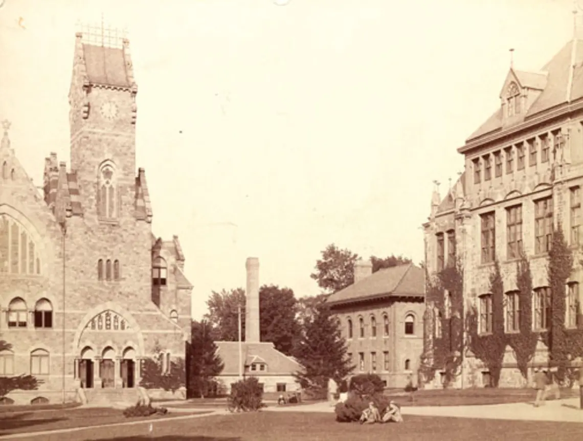 An 1884 photo shows four buildings that no longer stand: the School of Science; the dynamo building, a source of power; the biological laboratory; and the original Dickinson Hall