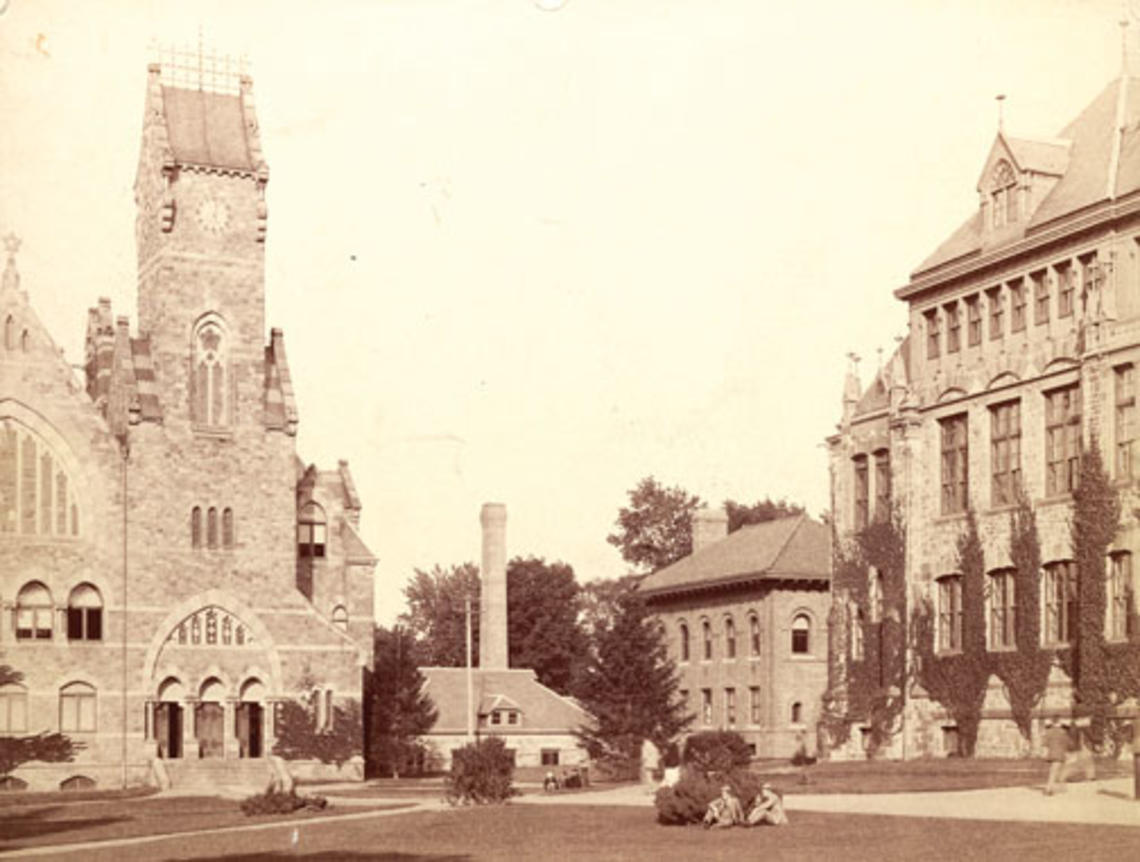 An 1884 photo shows four buildings that no longer stand: the School of Science; the dynamo building, a source of power; the biological laboratory; and the original Dickinson Hall
