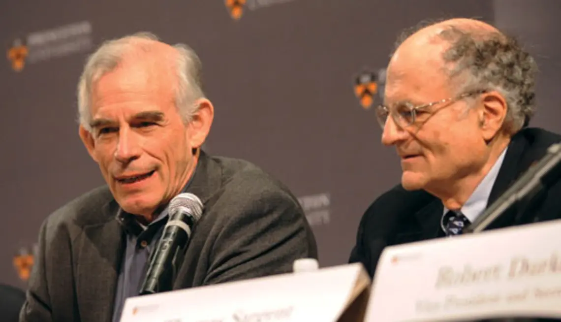 NB_NobelGetty129020304.jpg  Princeton professor Christopher Sims, left, and NYU professor Thomas Sargent, a visiting professor at Princeton, at a press conference following the announcement that they had won the Nobel Prize for economics.