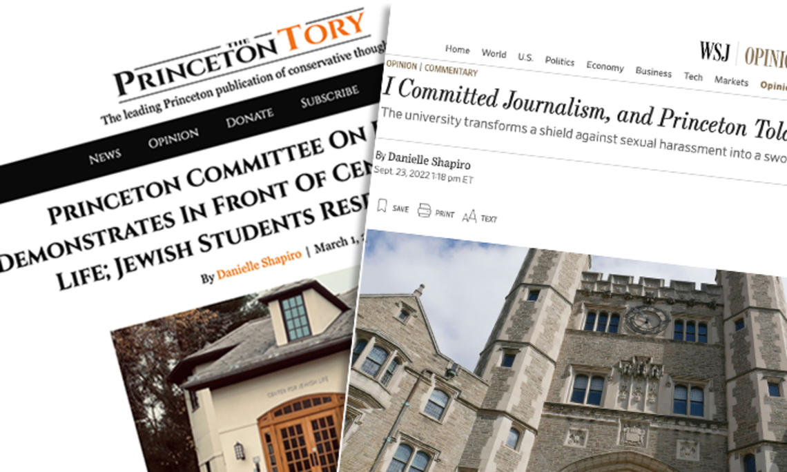 This is an image of two articles on websites: One on The Princeton Tory about a demonstration at the Center for Jewish Life; and one in the opinion section of the Wall Street Journal headlined: "I Committed Journalism, and Princeton Told Me Not to Communicate."