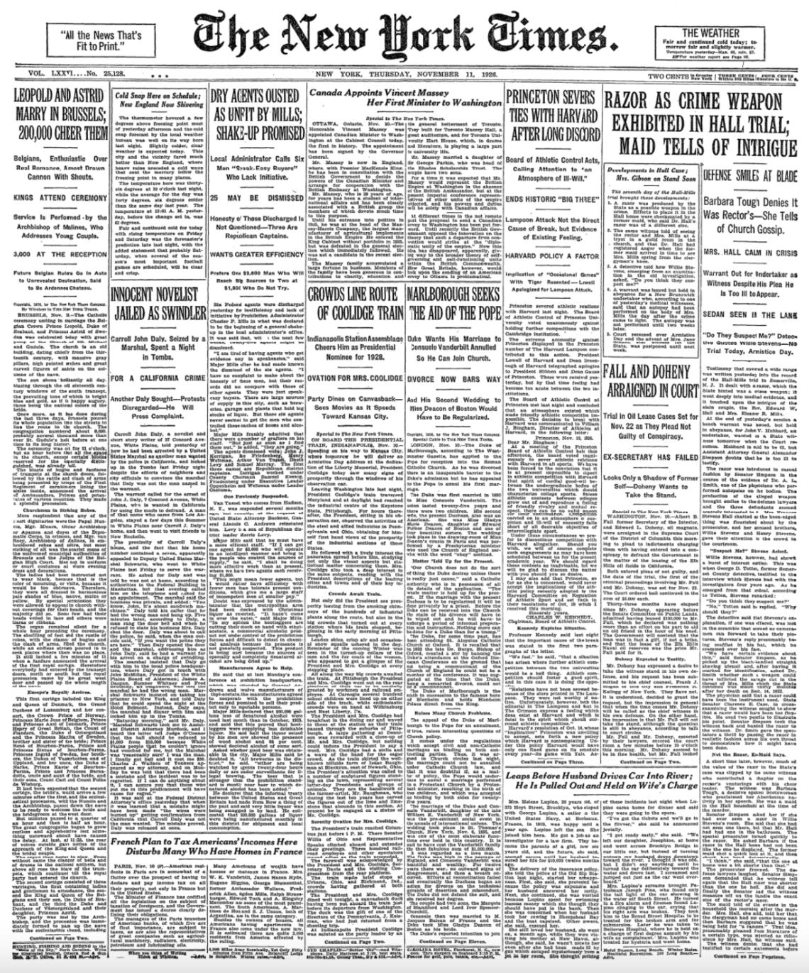NYT_111126.jpg The front page of The New York Times on Nov. 11, 1926, featuring an article titled, “Princeton Severs Ties with Harvard After Long Discord.” Days earlier, Princeton defeated Harvard 12-0.