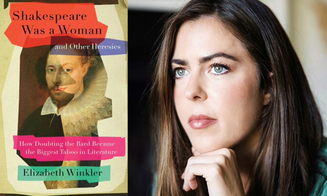 Left, the cover of "Shakespeare Was a Woman"; right, headshot of Elizabeth Winkler resting her chin on her hand.