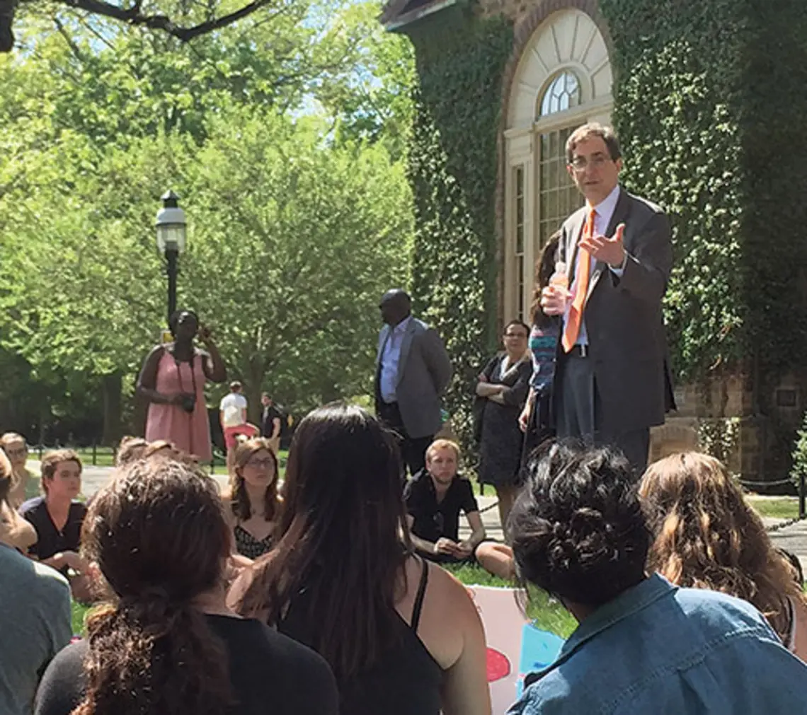 President Eisgruber ’83 addresses a May teach-in by “ban the box” advocates.