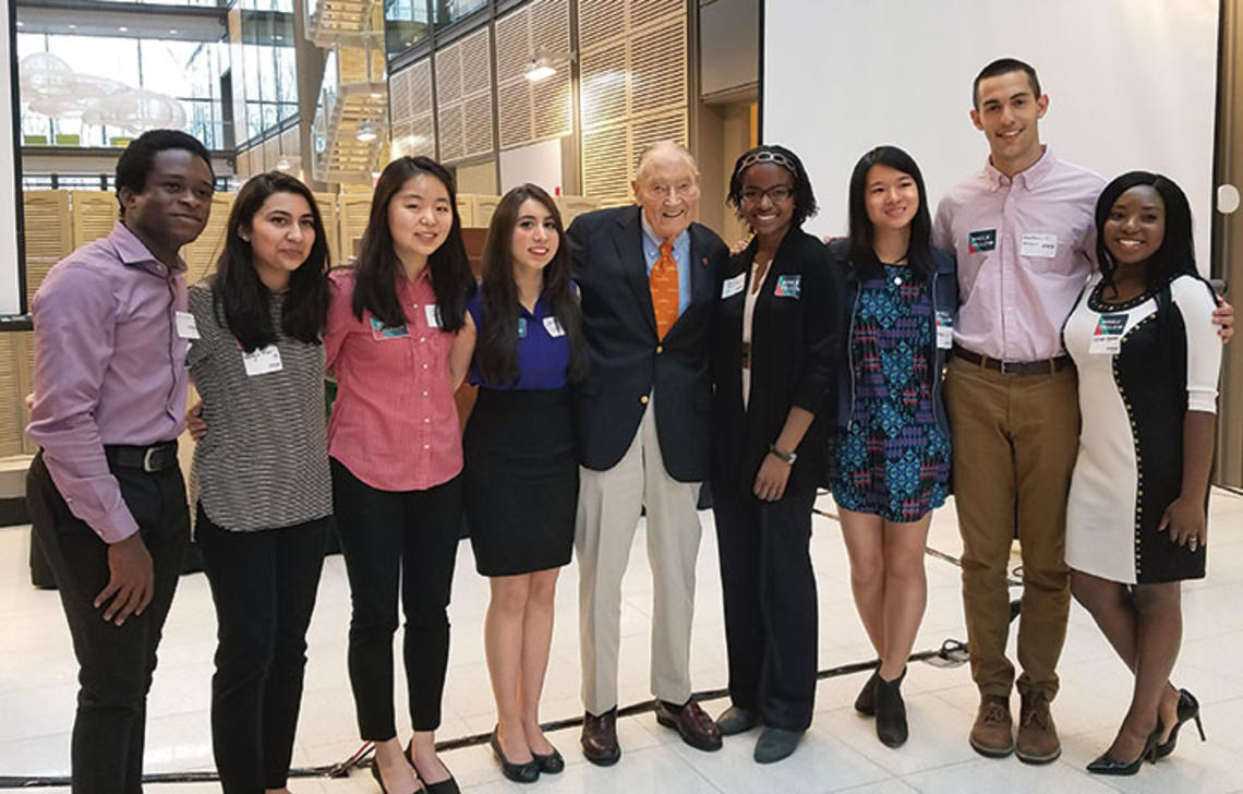 John C. Bogle ’51 with freshmen selected as Bogle fellows in civic service.