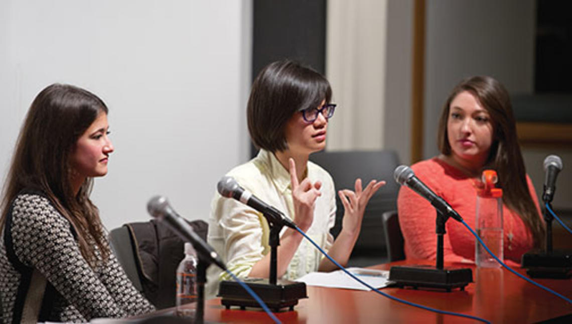 Newly elected USG president Ella Cheng ’16, center, makes a point at a December panel. Catherine Ettman ’13, left, and Molly Stoneman ’16 also have run for the USG’s top office.