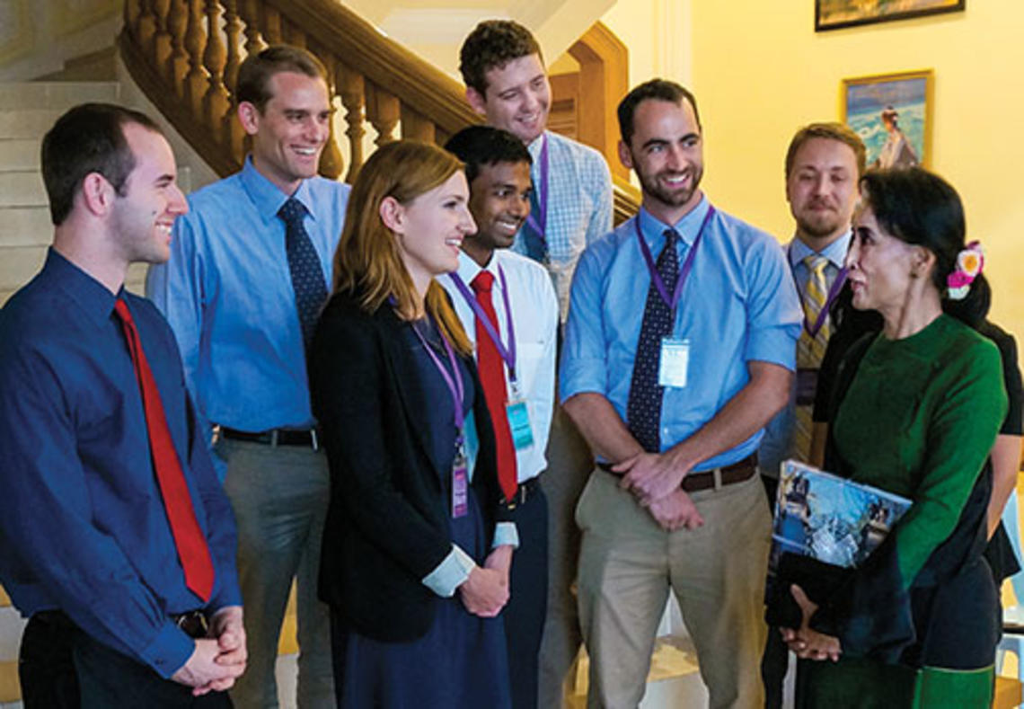 Woodrow Wilson School MPA students meet with opposition-party leader Aung San Suu Kyi, far right, in Myanmar.