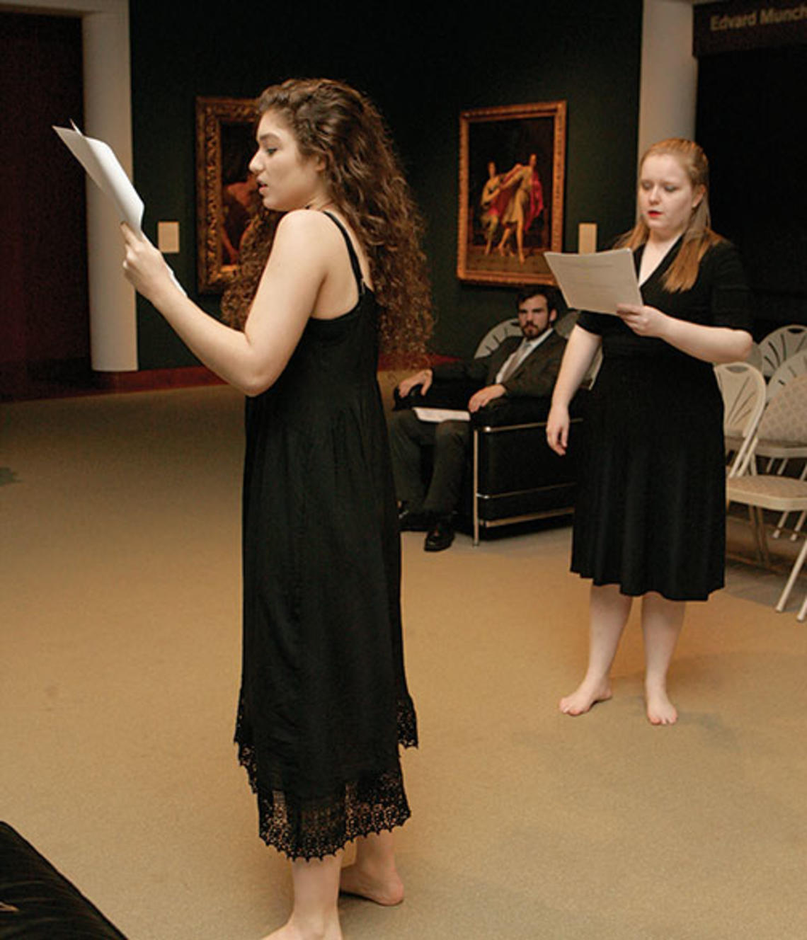From left, Evelyn Giovine ’16, Jake Robertson ’15, and Maeve Brady ’15 in a staged reading of C.K. Williams’ retelling of the Phaedra story, Beasts of Love, at the art museum.