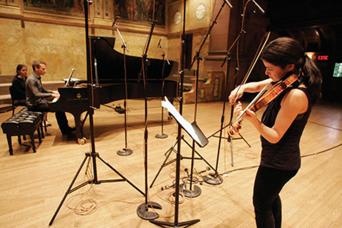 For a recording of music professor Steve Mackey’s “Sonata for Violin and Piano,” Jennifer Frautschi played violin and John Blacklow played piano in Richardson Auditorium.