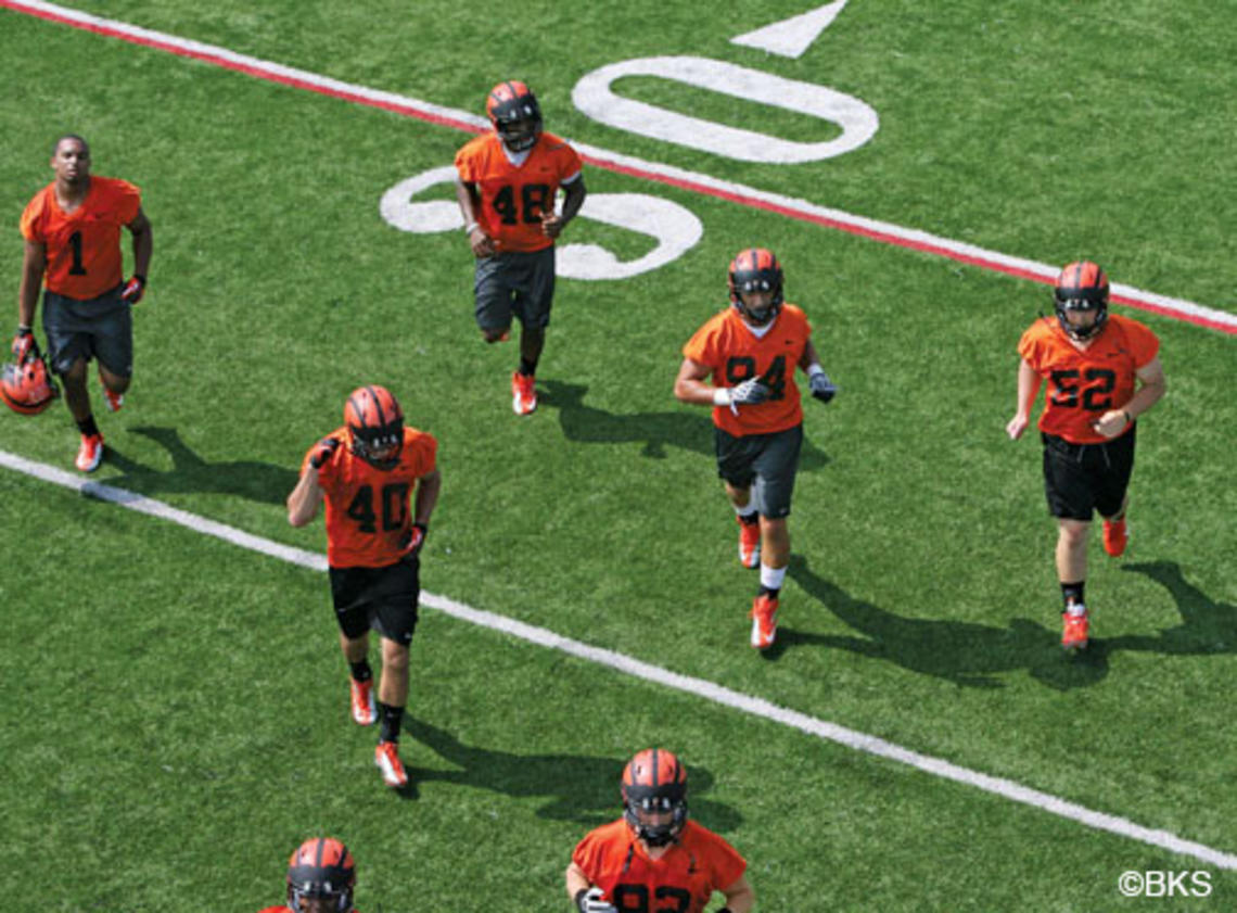 This year’s football team (pictured at the first practice of the season) has a promising roster of returning players.