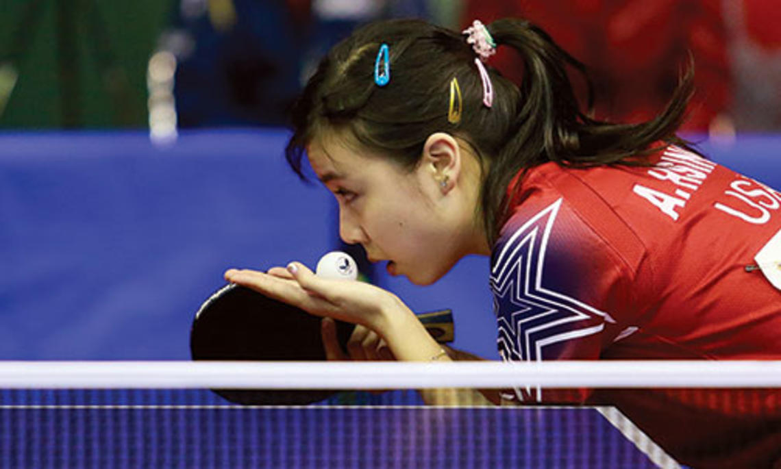 Ariel Hsing ’17 prepares to serve during a 2013 competition in Morocco.