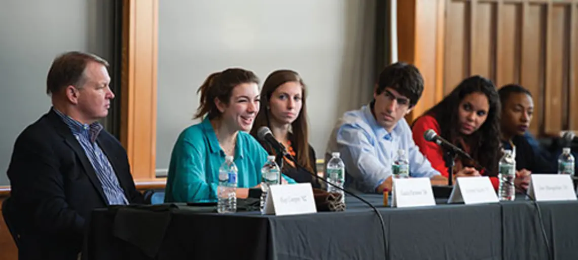 OTC-ledeWomenClubsPanel.jpg Taking part in an Alumni Day forum were, from left: Hap Cooper ’82, Tiger Inn grad board president; Lucia Perasso ’16, Terrace Club president; Sydney Kirby ’15, former vice president of Cannon Club; Joe Margolies ’15, Interclub Council president;