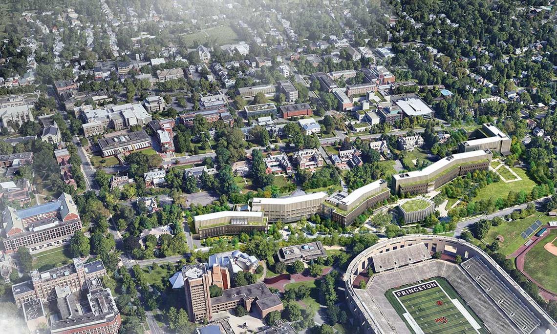 Aerial rendering of the Environmental Studies and School of Engineering and Applied Science complex