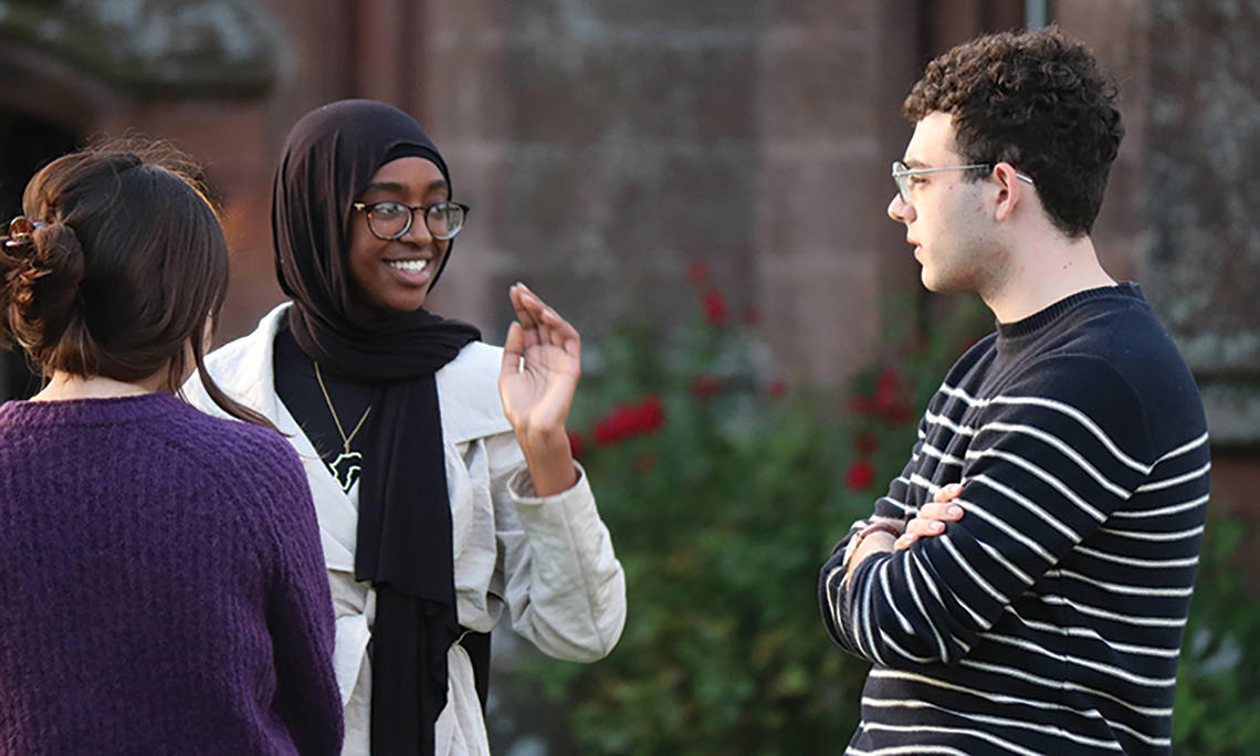 At top, from left, Ashley Olenkiewicz ’25,  Alaa Omer ’25, and Myles McKnight ’23  are among the Princetonians who’ve traveled to Rose Castle for training  on reconciliation.