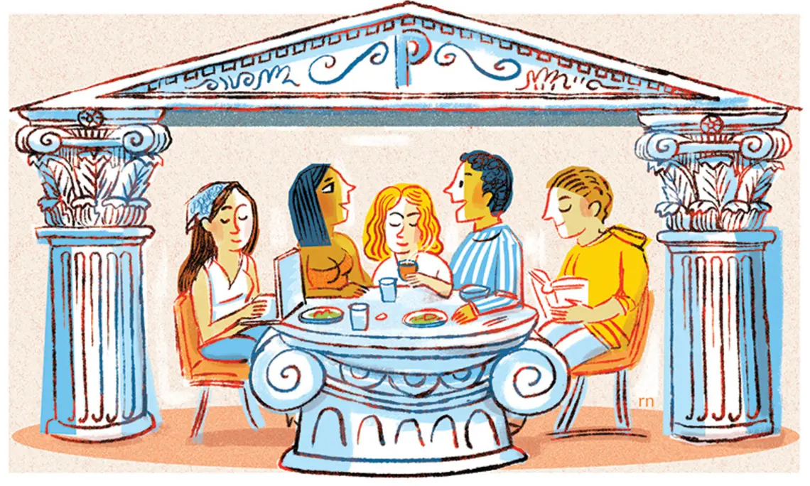 Illustration of five students in a Greek restaurant; two are talking, one is on a laptop, one is reading a book, and one is drinking steaming hot coffee.