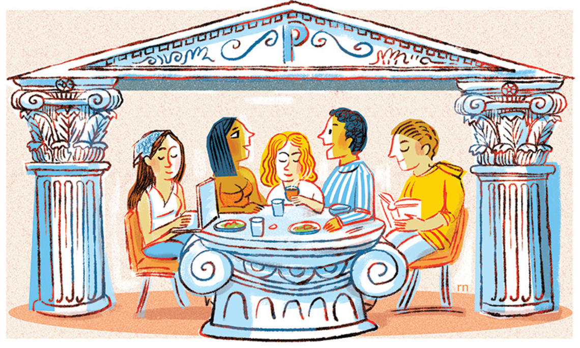 OTC_Student Dispatch Greece!F.jpg Illustration of five students in a Greek restaurant; two are talking, one is on a laptop, one is reading a book, and one is drinking steaming hot coffee.
