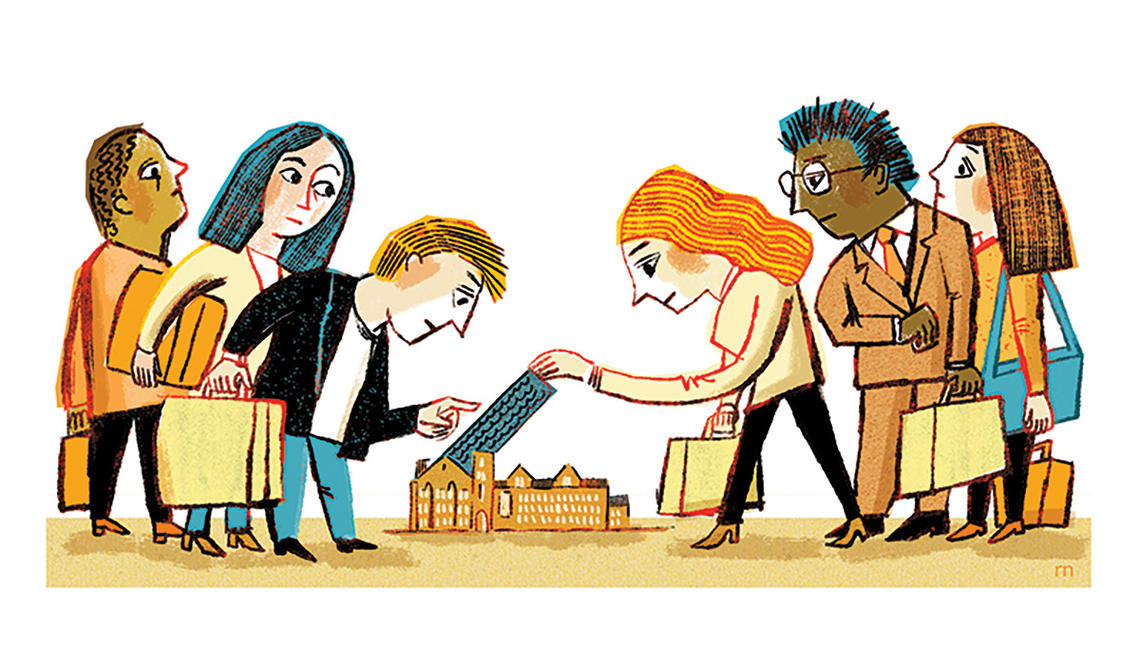 OTC_Student Dispatch_Grad Housing.jpg Illustration of students standing around tiny housing