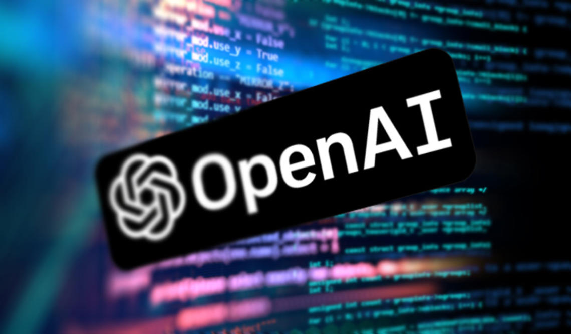 This illustration has the text "Open AI" in front of a background like computer code. 