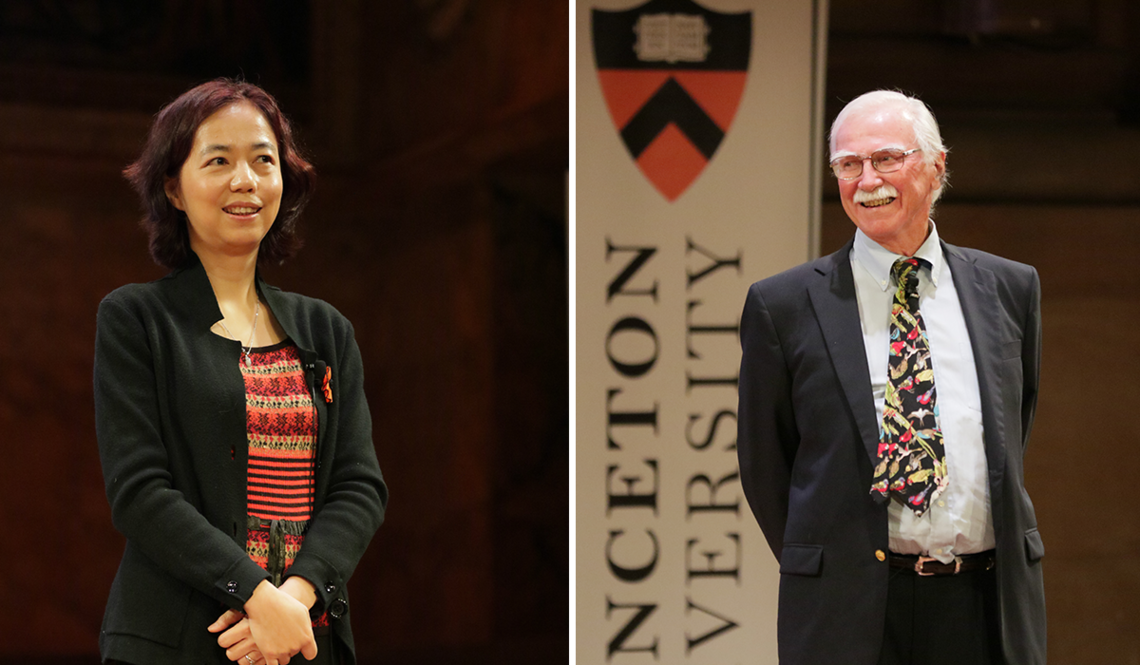 Two photos of award winners standing on stage - left, Fei-Fei Li and right, John Fitzpatrick