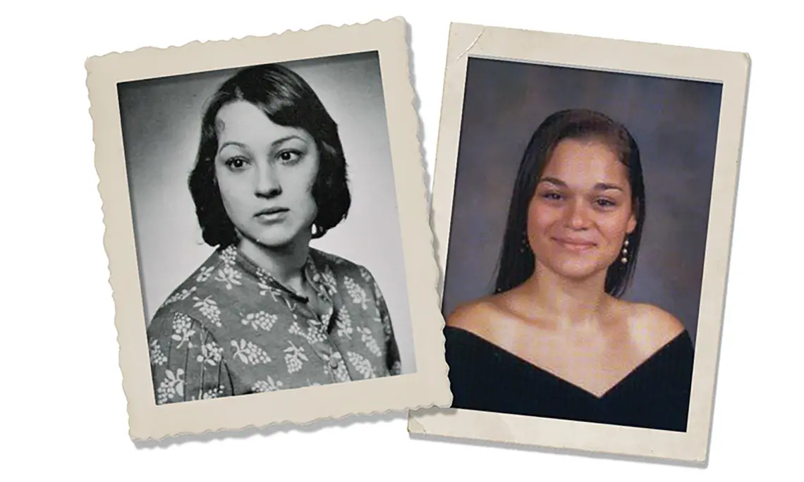 Joy McIntyre ’74, left, and her daughter, Victoria Tobolsky ’12, in their Nassau Herald senior photos.