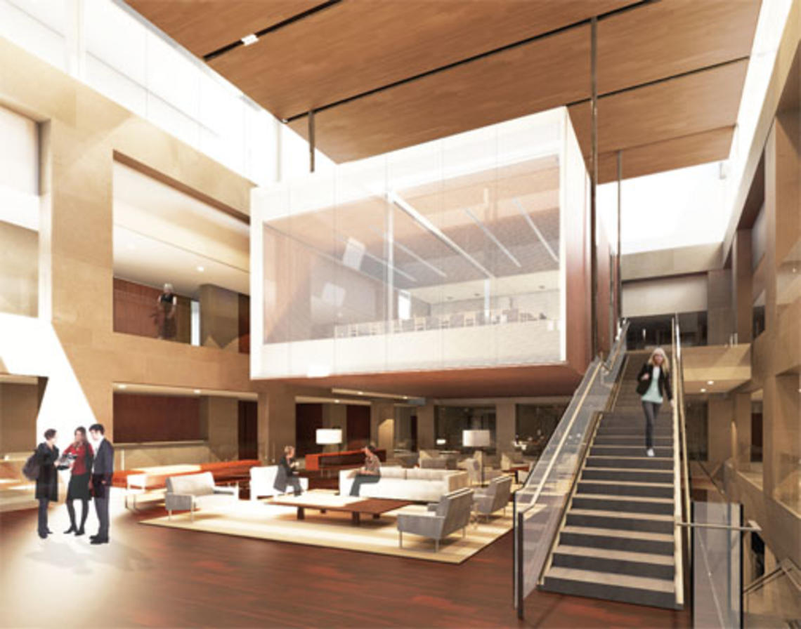 One of 20 Washington Road’s two new atria, with a “floating” seminar room and clerestories designed to maximize natural light.