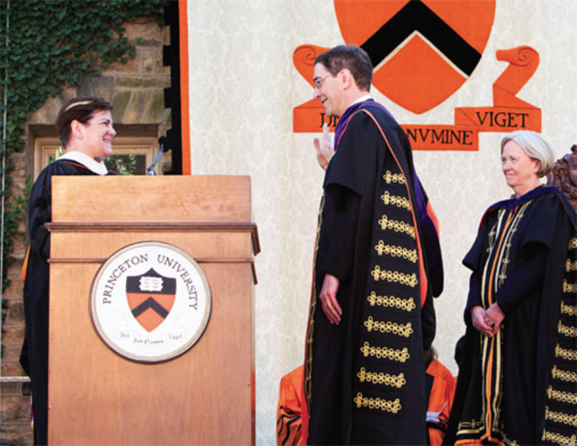 Publicly taking the presidential oath of office administered by Board of Trustees Chair Kathryn Hall (left), as President Emerita Shirley M. Tilghman looks on.