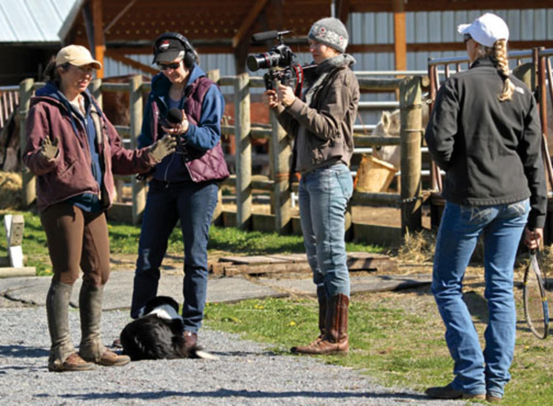Josephine Decker ’03, second from right, films a video for a farm in Washington state.