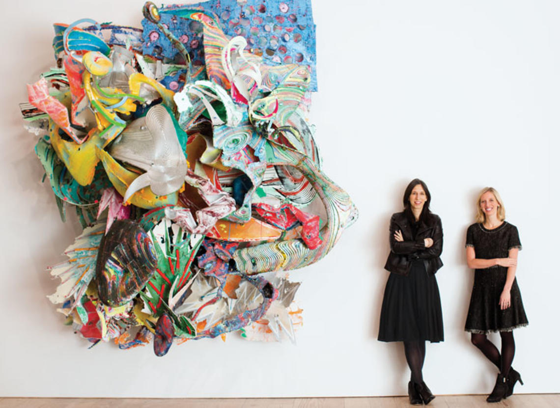 Megan Heuer *08, left, and Emily Arensman ’06 create events that bring visitors to the Whitney Museum, which is exhibiting the work of Frank Stella ’58, including, shown at left, his mixed media work “At Sainte Luce!”