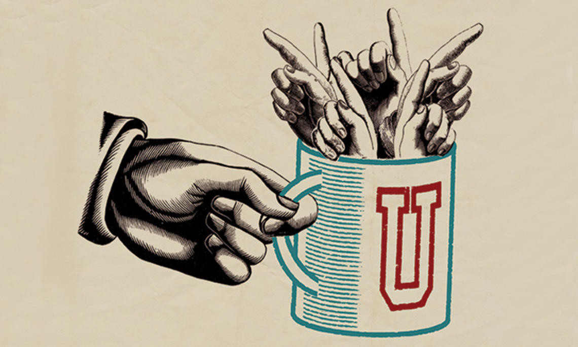 Illustration of a hand holding a coffee mug with the letter "U" on it, filled with six hands all pointing up their index fingers.