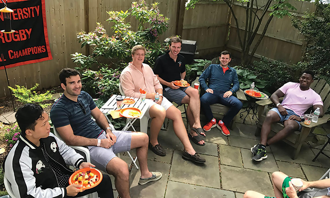 Rugby club students and alumni fight the Sunday scaries with casual conversation in 2017.