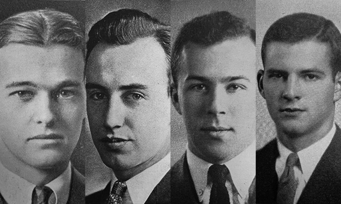 From left are black-and-white Nassau Herald photos of George F. Kennan 1925, Adlai Stevenson 1922, George Shultz ’42, and James A. Baker ’52.