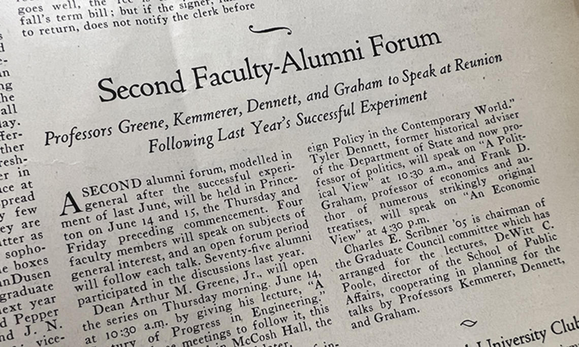 An article headlined: Second Faculty-Alumni Forum: Professors Greene, Kemmerer, Dennett, and Graham to Speak at Reunion Following Last Year's Successful Experiment.