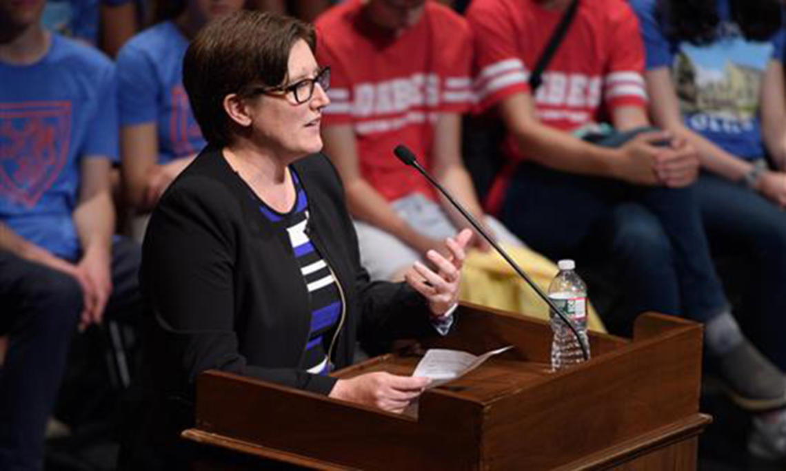 Jennifer Rexford ’91, the Gordon Y. S. Wu Professor in Engineering, speaks at the 2019 pre-read assembly for James Williams’ book, “Stand Out of Our Light: Freedom and Resistance in the Attention Economy.” 